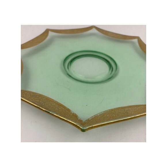 VTG Green Depression Octagon Glass Plate Glassware Floral Gold Trim - Picture 12 of 12